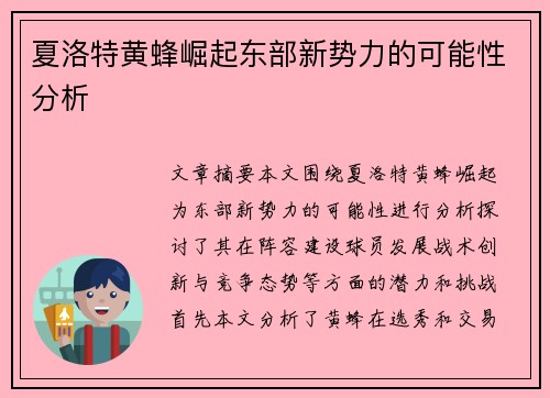 夏洛特黄蜂崛起东部新势力的可能性分析