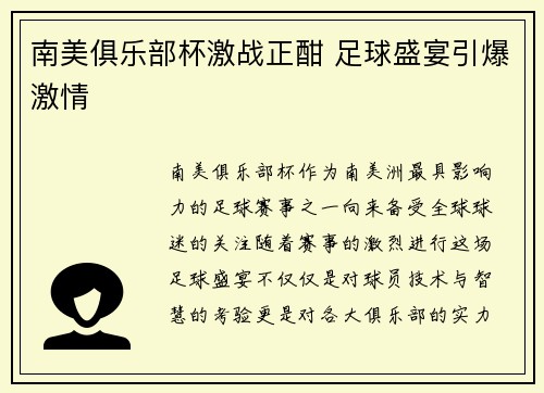 南美俱乐部杯激战正酣 足球盛宴引爆激情