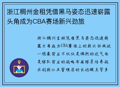 浙江稠州金租凭借黑马姿态迅速崭露头角成为CBA赛场新兴劲旅