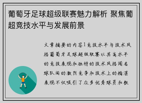 葡萄牙足球超级联赛魅力解析 聚焦葡超竞技水平与发展前景